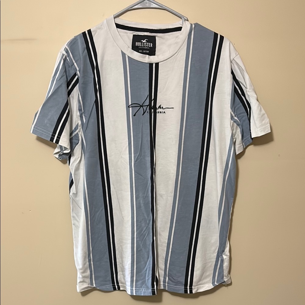 Hollister Men's White and Blue Striped Tee